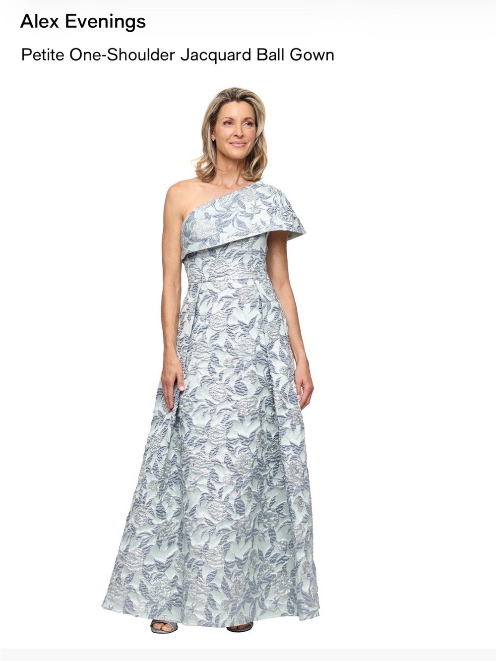 Alex Evenings One-Shoulder Jacquard Gown in Pale Blue and Silver